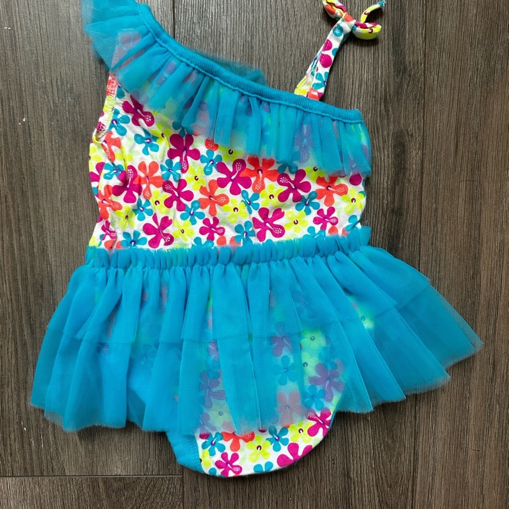 Garanimals Turquoise Floral One-Shoulder Tulle Swim Dress Bathing Suit - Picture 3 of 7